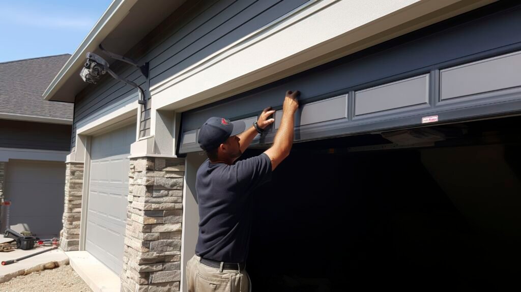 A photo of a contractor installing a new garage door. garage door service dallas fort worth